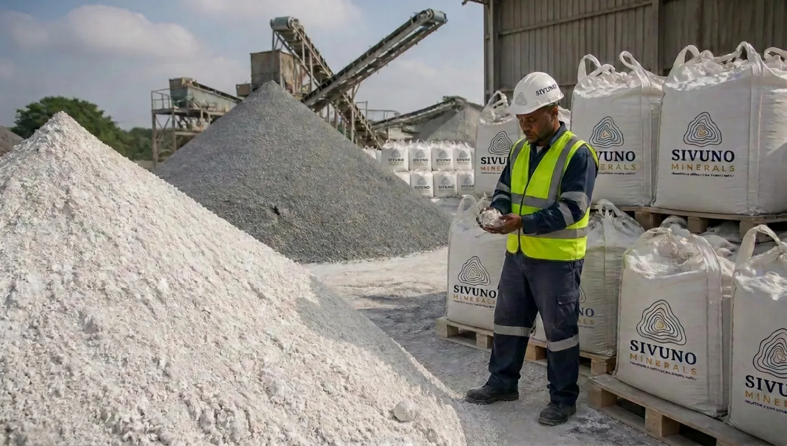 SIVUNO Minerals branded bulk bags at a mineral processing yard, with a worker in a branded helmet and dust on his workwear