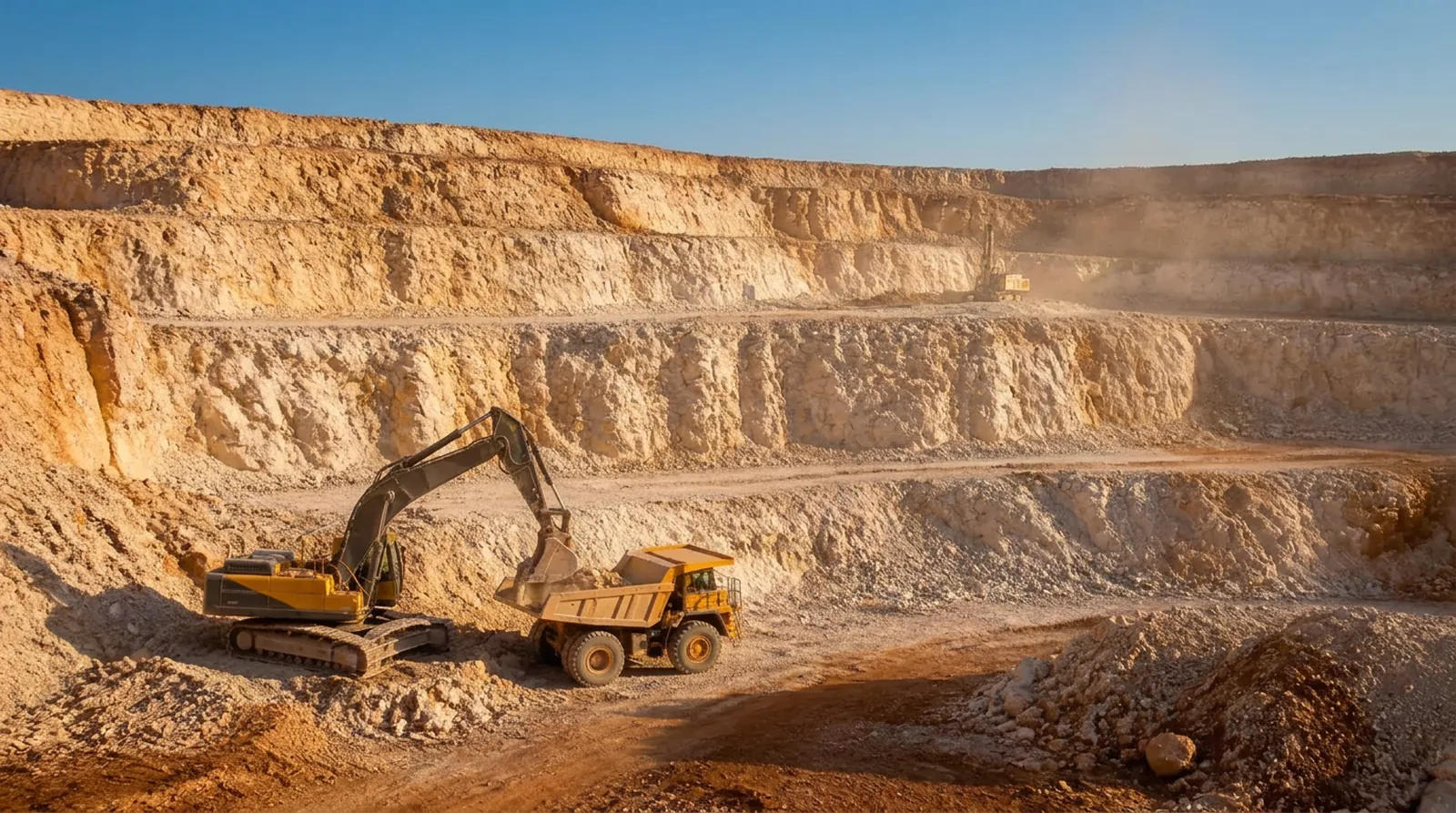 Working limestone quarry in Zimbabwe at midday, excavator loading a haul truck against terraced carbonate benches
