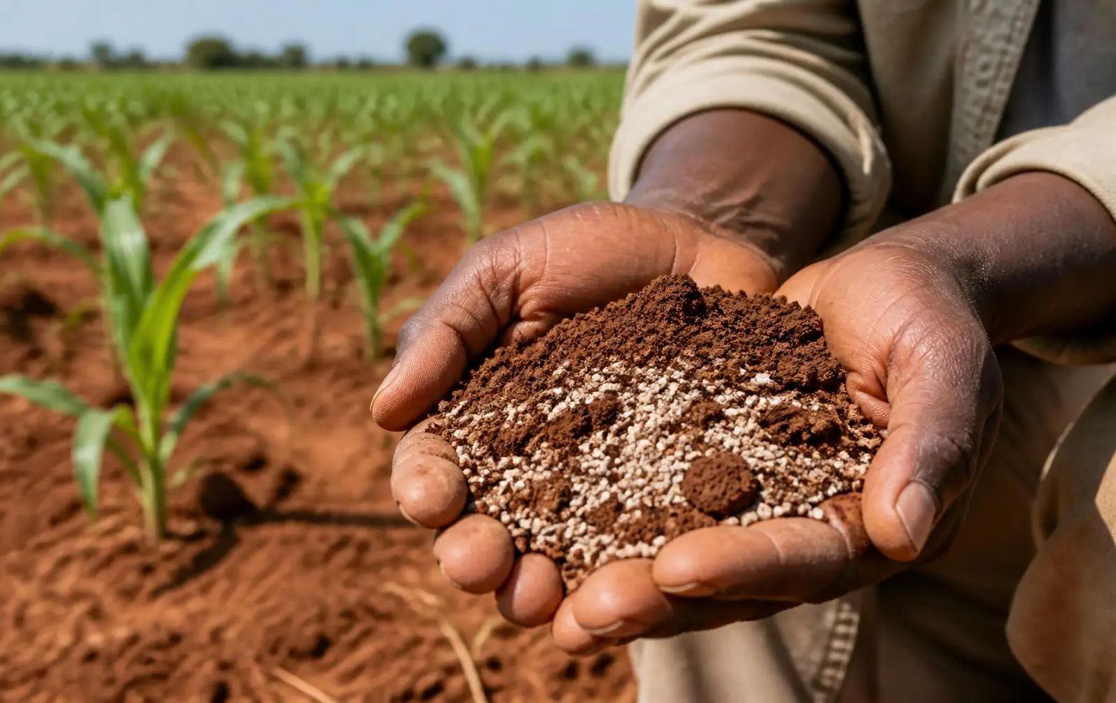 Zimbabwean farmer's hands holding red soil mixed with pale agricultural lime granules above a young maize crop